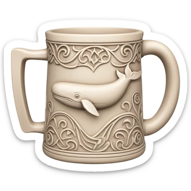 Scandinavian carving icon, whale bone mug or vase with intricate Norse patterns, chisels and carving tools, minimalistic style, clean lines, transparent background. sticker
