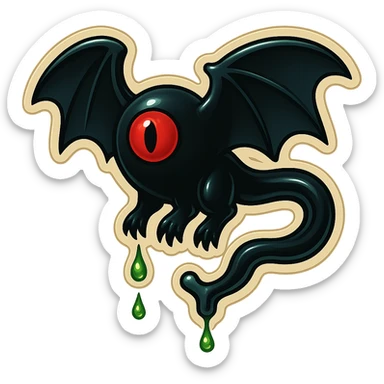 an all black reptilian bat-like creature. One cyclopian red eye in its face. no visible mouth or ears. 2 hind legs with claws. has a long tale with a stinger that drips green poison. no ears. no horns. no arms. visible bone-like stinger at end of tail sticker