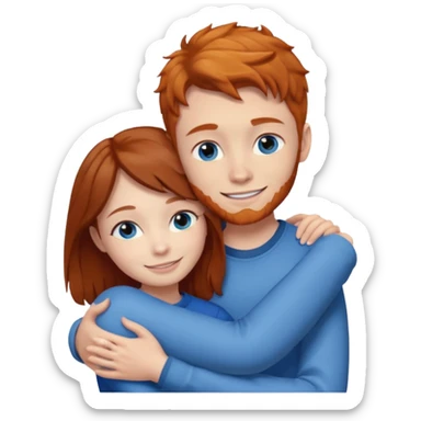 Ginger boy without facial hair hugging girl with dark brown hair. Both have blue eyes.  sticker