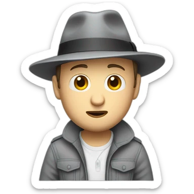 tim robinson wearing a grey fedora with a grey flap on the back white shirt only looking scared and sad 3 quarter angle, hat has a flap of fabric on the back sticker
