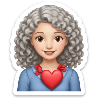 silvery curly/wavy shoulder-length hair smiling lady holding a heart less hair sticker
