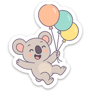 happy koala floating with pastel balloons in pastel-toon style sticker