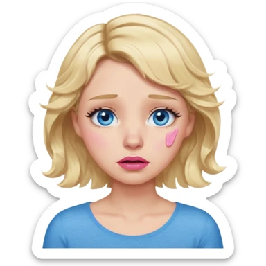 Girl Blonde short wavy hair,  blue eyes, cute blue top, long lashes, pink lips,crying with tears running down the face  sticker