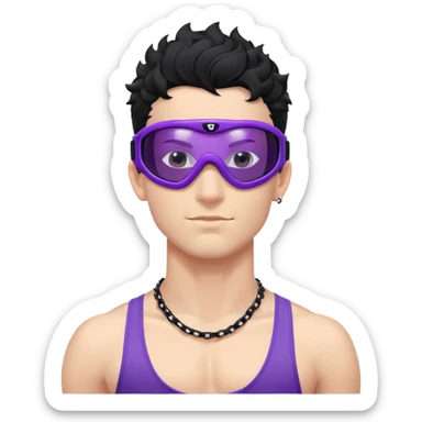 shirtless male athlete with white skin and moderately curly black hair on top with shaved sides, wearing purple ski goggles with black tinted lenses, and a simple plain black chain necklace, no earrings sticker