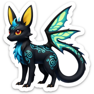 Shiny Fiery Dark Glowing Eldritch Horror Cool Edgy Badass Emo Glorious Demonic Batty Punky Aural Iridescent Fluorescent Bioluminescent Umbreon-Amaura-Salandit-Litten-Flareon-Fakémon-fusion (full body) with intricate pattern markings sticker
