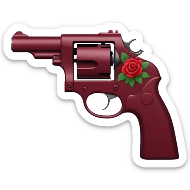 a pistol silhouette in deep wine red (#7A0F1E) with roses wrapped around it sticker