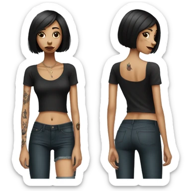 skinny girl with bob haircut smoking cigarette, she is wearing black t-shirt and has lotus tattoo on her shoulder sticker