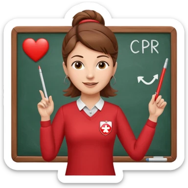 very Happy Teacher, female, brown hair up, wearing a red long sleeve top holding a pointer stick to a white board with a CPR logo. sticker