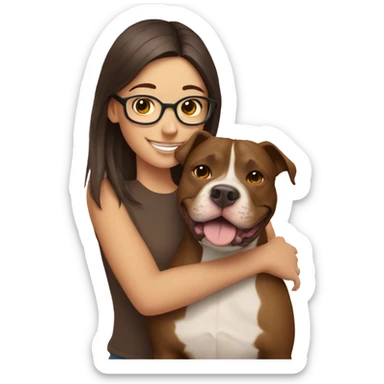 smiling brunette girl with glasses hugging brown pit bull  sticker