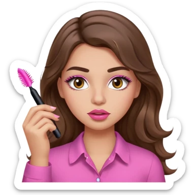 girl with long wavy brown hair, brown eyes, light to medium complexion, in a pink shirt, pink lips, long lashes, puckered lips, putting on mascara sticker