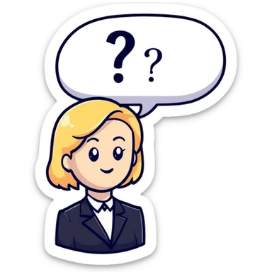 blonde haired white woman in a black formal suit with a white speech bubble containing a black question mark next to her head sticker