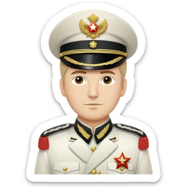 White Army officer from Russian Civil War with white uniform, epaulettes, and traditional military cap sticker