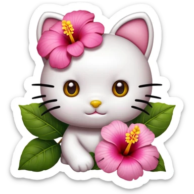 Create an emoji-style face of Hello Kitty with BROWN skin. She should have her iconic round face with no mouth, black oval eyes, and a yellow nose. Replace her usual bow with a pink or red hibiscus flower tucked behind one ear sticker