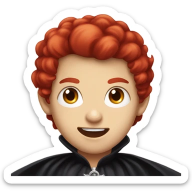 a vampire boy with red hair, fangs and red eyes, wearing stand-up collar cape sticker