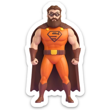 muscular superhero in brown and auburn costume, beard-shaped logo, comb-shaped belt, magnificent beard sticker