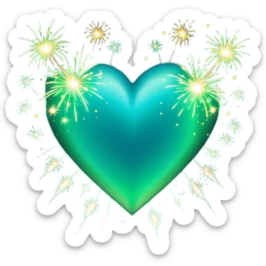 emoji: teal and neon green gradient heart with sparklers and firework confetti from behind. sticker