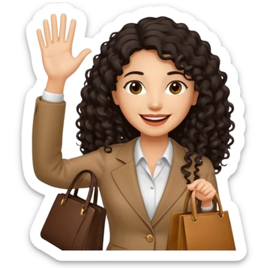 medium deep tan brown business woman with long black curly hair, waving hand with happy face with smile mouth and carrying bag on her shoulder sticker
