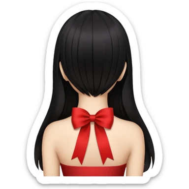 girl back view with single red ribbon in the middle black hair sticker