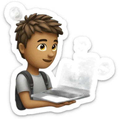 A young man with a laptop and programming codes spinning around his head sticker