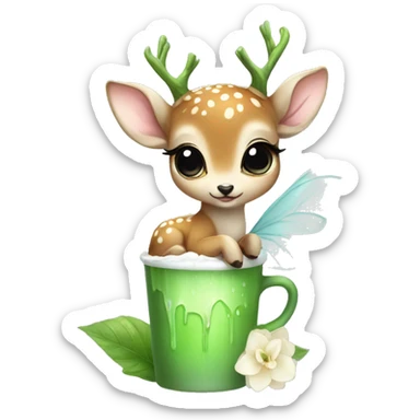 baby deer with fairy wings drinking iced matcha latte  sticker