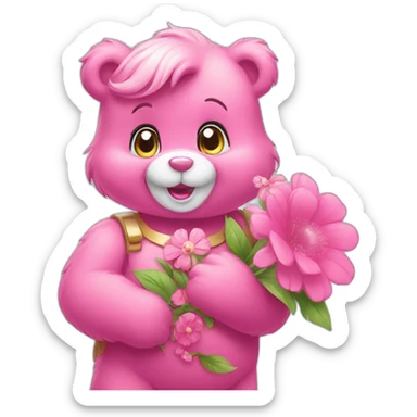Pink Care bears holding flower bouquet sticker