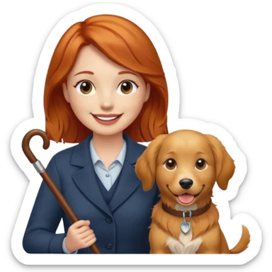 Red headed woman with a cane and a dog sticker