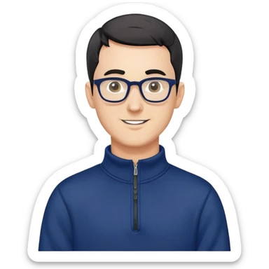 Caucasian man with very short black hair (close-cropped buzz cut), short beard with gray streaks, large black eyeglasses, cheerful expression, navy blue long sleeve sweatshirt with quarter zip sticker