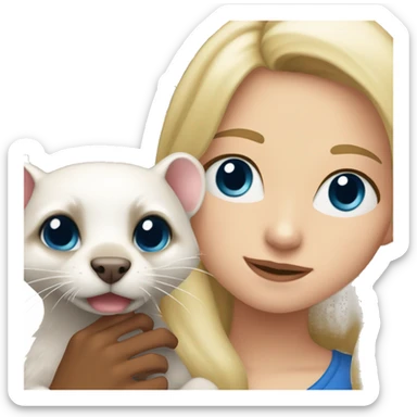 Blonde girl with blue eyes holding in hands a male old ferret who has black eyes  sticker