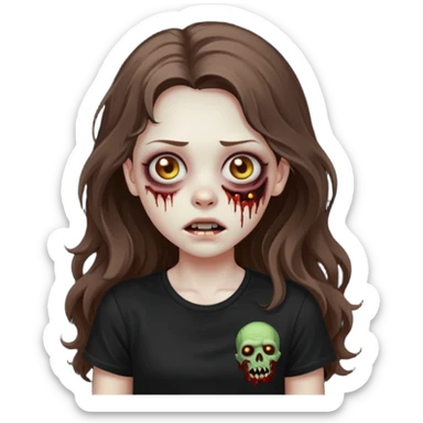 crie um emoji de uma garota zoombie cabelo castanho e longo , assustadora e fofa com cabelo ondulado 2b e camiseta básica preta sticker