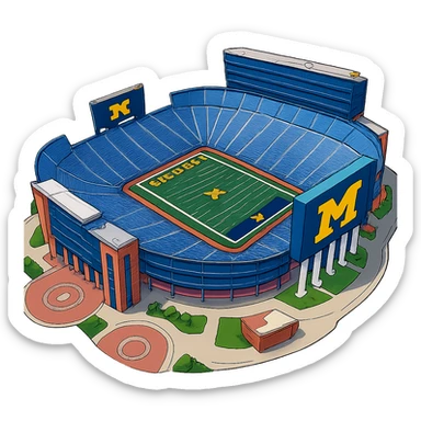 Изометричная, яркая, детализированная и фотореалистичная иллюстрация стадиона Michigan Stadium в стиле 3D-коллажей городов, насыщенные цвета, аккуратные линии, мультяшно-реалистичная стилистика. Чёткие контуры, прозрачный фон, высокое качество. sticker