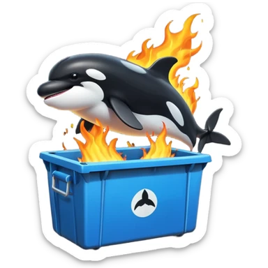 3d Cartoon orca coming out of a dumpster on fire sticker