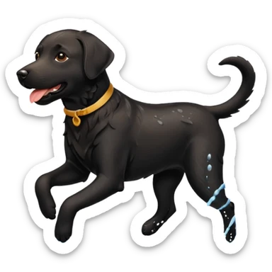 A black Labrador Retriever running through shallow water near a lake, splashing around happily. Natural lighting, motion shot, photorealistic style. sticker