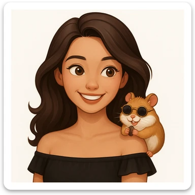 Add a cheeky, adorable hamster perched playfully on her shoulder. The hamster is wearing tiny round sunglasses and munching on a seed. The woman and her hamster are sharing a fun, carefree moment together, radiating warmth and joy. Keep the modern, clean, warm style. sticker
