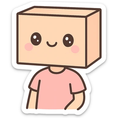 a person with a box on their head, the box features a kawaii smile, simple and charming sticker