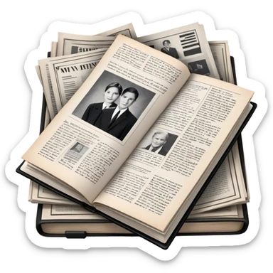 Icon for Non-Fiction & Narrative Reading: an open book with black-and-white photos on the pages, surrounded by a pile of newspaper clippings, and an open folder with top-secret documents. The icon should reflect the blend of real stories and facts in non-fiction literature. Transparent background. sticker