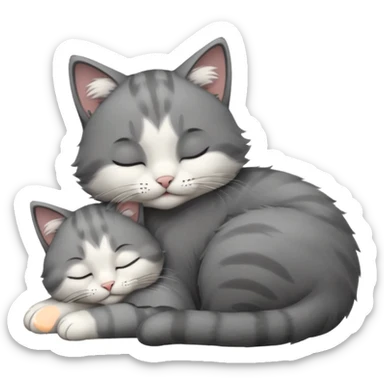dark grey and white small cat with closed eyes, leaning his head on his paw while leaning on his elbow lying down sticker
