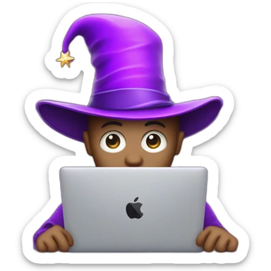 magician with a purple pointy magic hat with a star working on a macbook sticker
