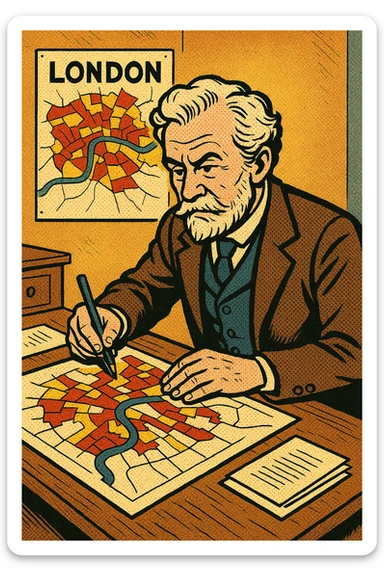 Charles Booth sitting at his desk creating a map of poverty in London sticker