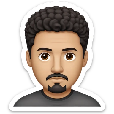 Hispanic man in his late 40s with tan skin. Square face with defined jawline. Serious expression with focused dark eyes. Black goatee with some gray. Short curly dark hair. Professional demeanor. Wearing a black shirt. sticker