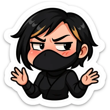 Sexy chibi ninja girl with black short hair and a blonde streak, only head and arms, colorful chibi style with bold outlines, transparent background, no mask, disgusted face with cheeks puffed, nose wrinkled, and eyes looking away, sized for Twitch emoji use. sticker