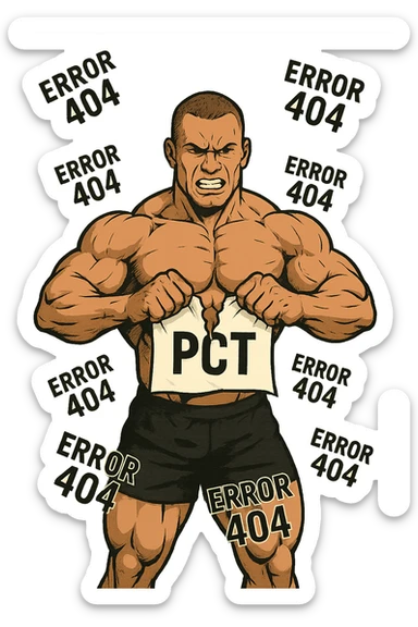 bodybuilder che strappa un foglio con la scritta "PCT" INTORNO A LUI FLUTTUA LA PAROLA "ERROR 404" sticker