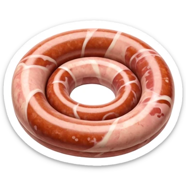 raw sausage in circular coil, pale pink slightly marbled, natural casing, thick rustic, smooth with flecks of fat, ends tucked under, no grill or extras, soft lighting, subtle shadows, emoji scale sticker