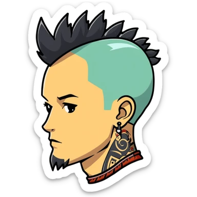 head of a white man with mohawk, earring, and head tattoo sticker