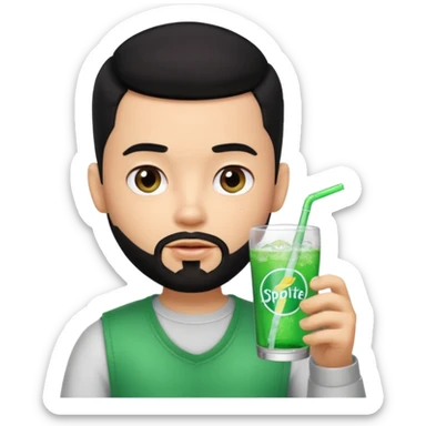 generate a pretty bratz boy with a buzz cut black hair, drinking sprite, bearded,  sticker