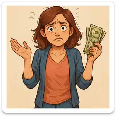 detailed illustration of a female character with a confused expression, hands up in the air, holding money, looking helpless sticker
