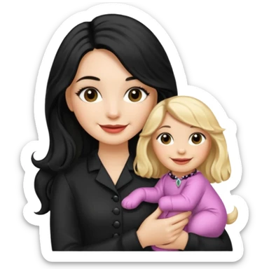 Make a girl with long BLACK silky hair and makeup on be holding a blonde cocapoo sticker