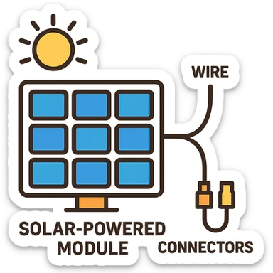 technical illustration of solar powered module, detailed, labeled solar cells, wires and connectors, on a white background sticker