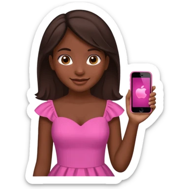 Create an emoji of a girl with dark skin, dark brown hair, a contoured face, brown eyes, and a pink dress. She should be holding an iPhone in her hands and smiling. sticker