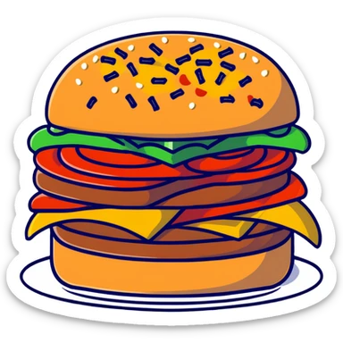 A burger with pizza toppings, french fries sticking out the sides, and apple slices as garnish sticker