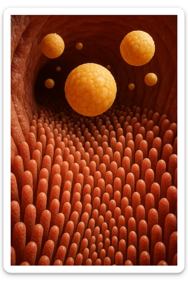 VILLI INTESTINALI CON CELLULE DI GRASSùO CHE CI FLUTTUANO SOPRA, INTERNO REALISTICO DI UN INTESTINO, IPERREALISTICO 4K sticker